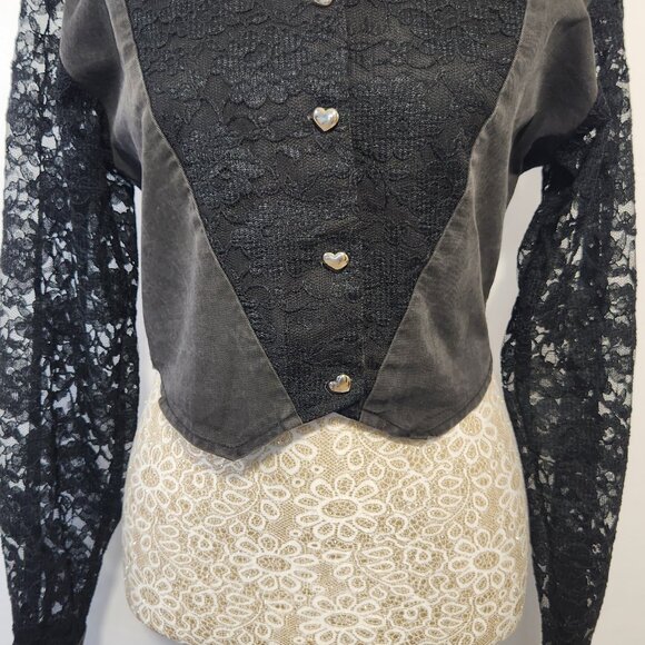 Banjo Dallas TX Women's Size Small Black Denim & Lace Long Sleeve Crop Top Goth - Picture 3 of 16